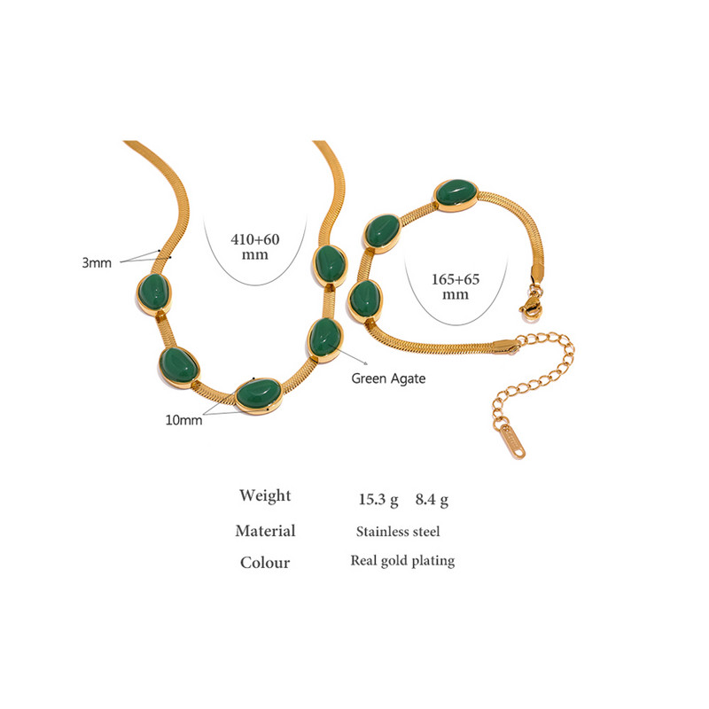 Yhpup Set de brățări colier cu lanț de agat verde verde Bijuterii din oțel inoxidabil Set placat 18 K de înaltă calitate Accesorii Cadou Nou