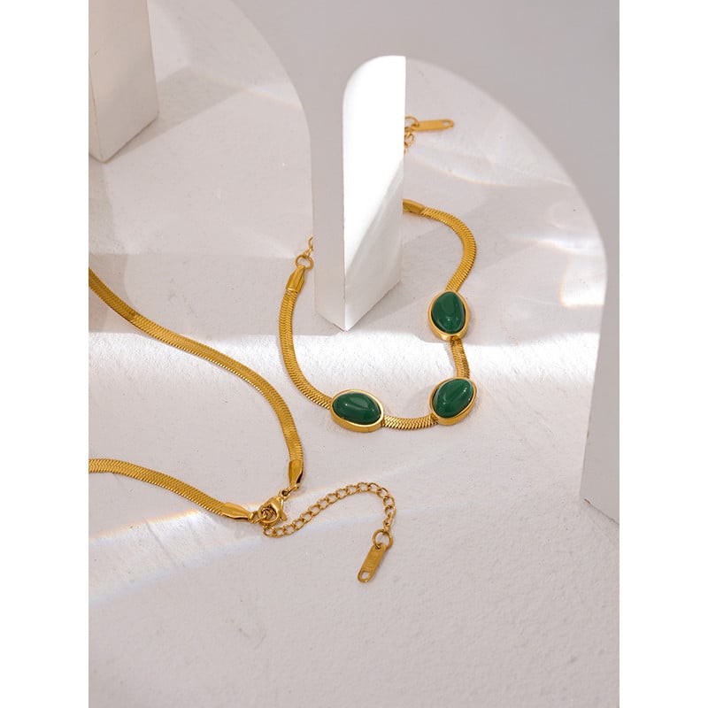 Yhpup Set de brățări colier cu lanț de agat verde verde Bijuterii din oțel inoxidabil Set placat 18 K de înaltă calitate Accesorii Cadou Nou