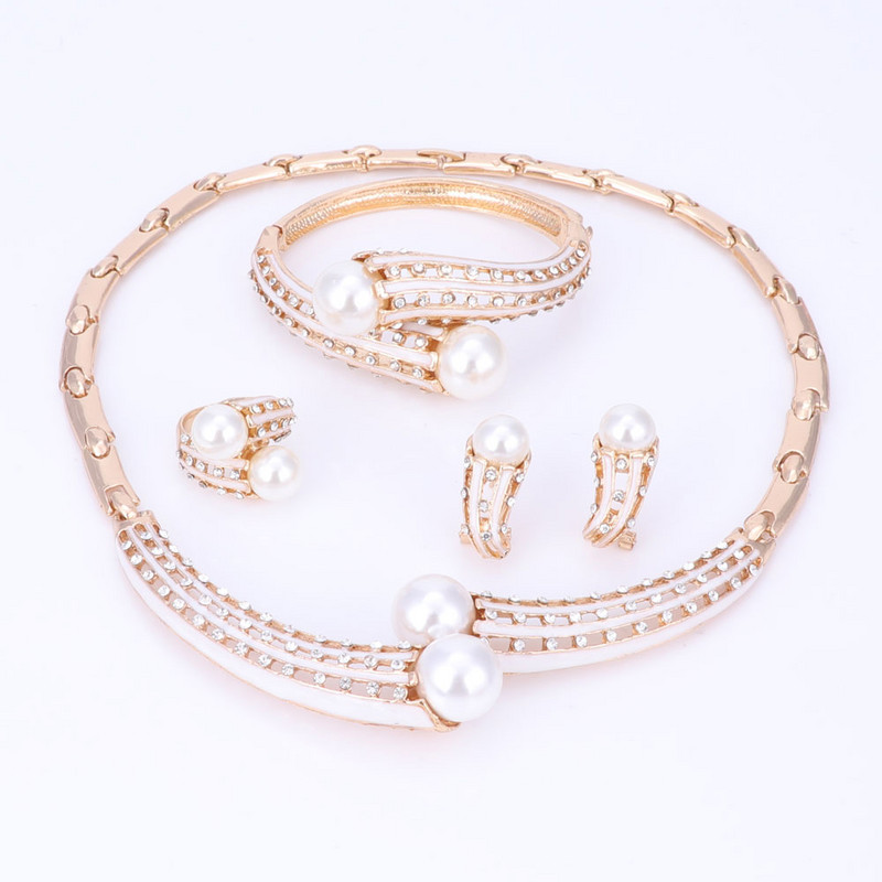 Márkás ékszerkészlet, arany színű ékszerkészletek női esküvői kiegészítők női szimulált gyöngykristály nyaklánc fülbevaló készlet