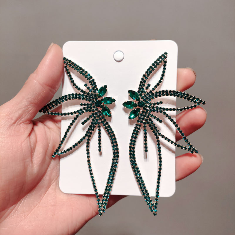Cercei pentru femei, cu strasuri strălucitoare, cu frunze mari, cu flori pentru cină, petrecere de nuntă, bijuterii de lux, accesorii pentru cercei
