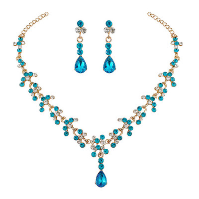 KMVEXO Ružovo-modré krištáľové svadobné sady šperkov pre ženy zlatá farba s kamienkami náhrdelník dlhé náušnice sada doplnkov k šatám