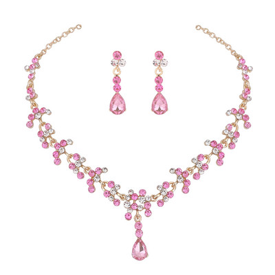 KMVEXO Ružovo-modré krištáľové svadobné sady šperkov pre ženy zlatá farba s kamienkami náhrdelník dlhé náušnice sada doplnkov k šatám