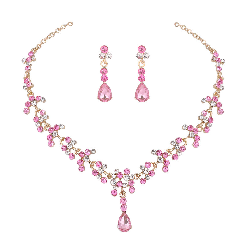 KMVEXO Seturi de bijuterii de nuntă de mireasă de cristal albastru trandafir Colier cu strasuri de culoare aurie Set de cercei lungi Accesorii pentru rochie