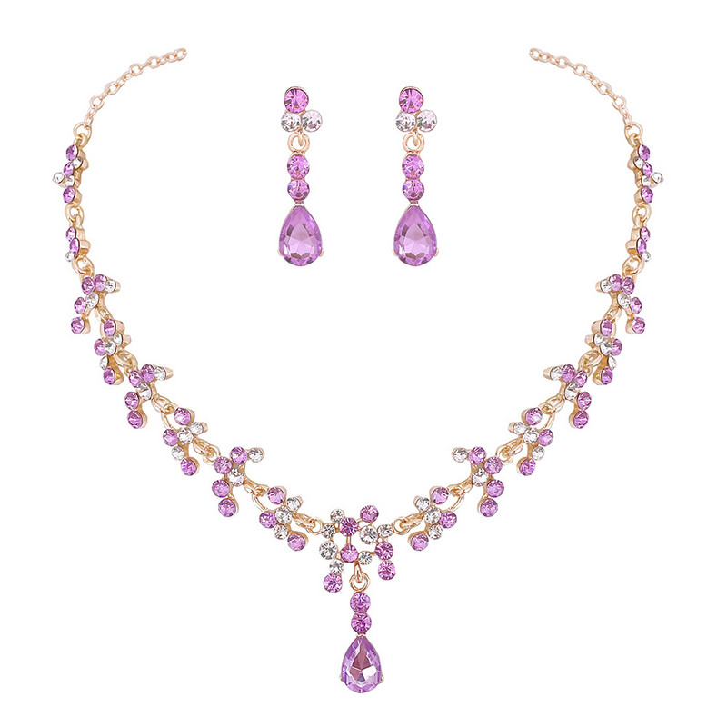 KMVEXO Seturi de bijuterii de nuntă de mireasă de cristal albastru trandafir Colier cu strasuri de culoare aurie Set de cercei lungi Accesorii pentru rochie