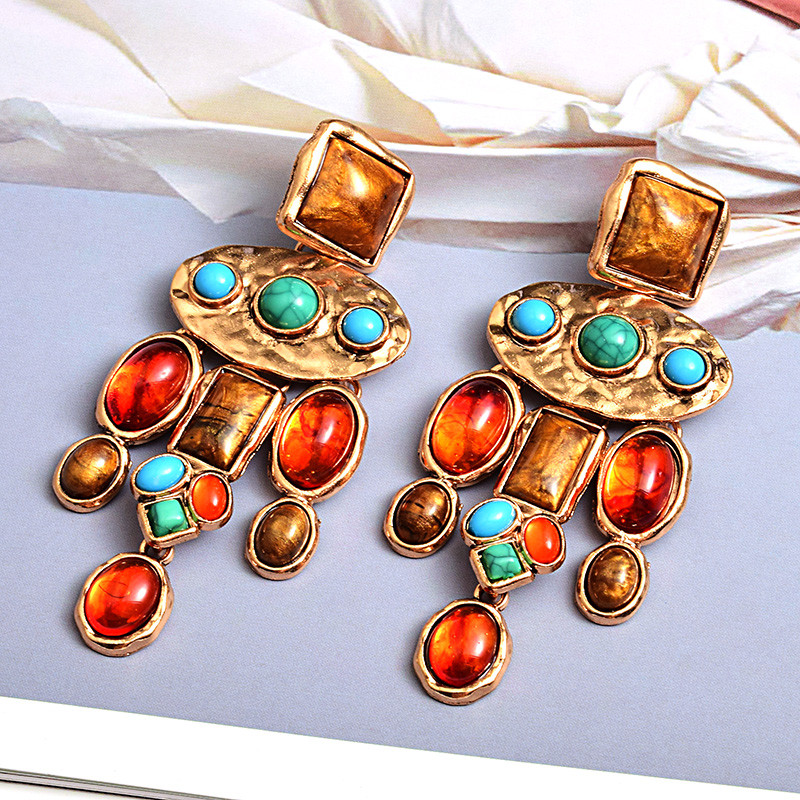 Cercei cu piatră colorată din metal, de înaltă calitate, cercei lungi, cu picătură, accesorii de bijuterii pentru femei