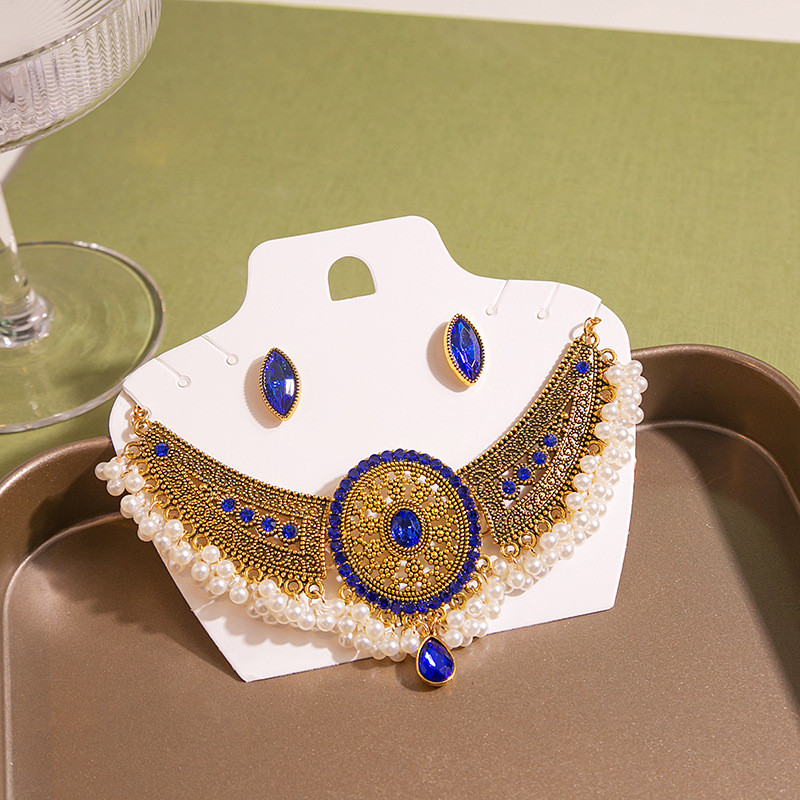 Set de bijuterii de nuntă de cristal elegant de lux pentru femei, vintage, cercei cu picătură de apă, set de colier de culoare aurie indiană, cadou de mireasă