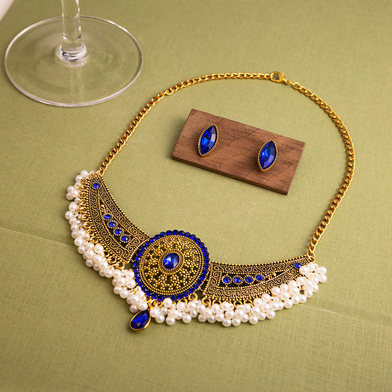 Set de bijuterii de nuntă de cristal elegant de lux pentru femei, vintage, cercei cu picătură de apă, set de colier de culoare aurie indiană, cadou de mireasă