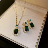 Set de colier cu cercei geometrici, de modă de lux, verde smarald, pentru femei, petrecere de nuntă, accesorii versatile de bijuterii, cadou