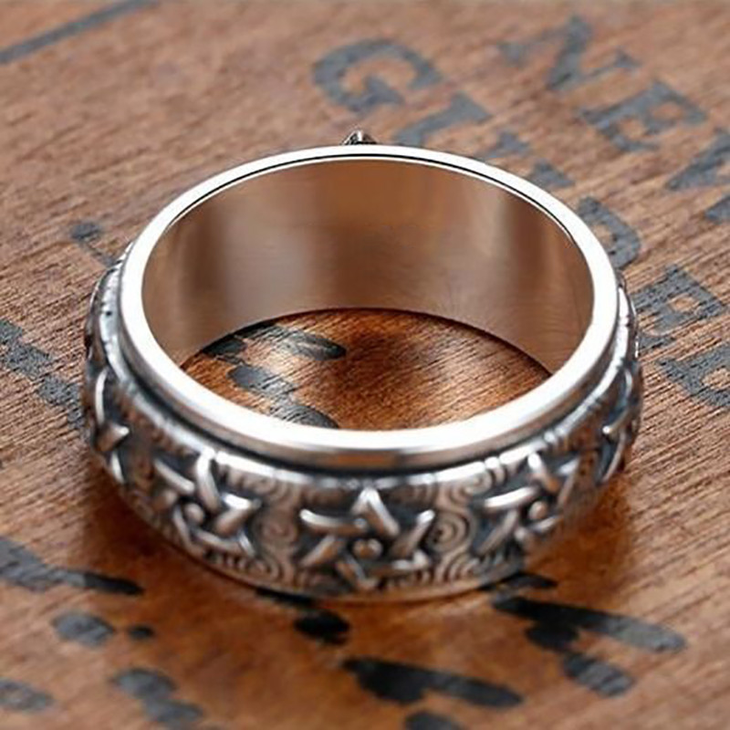 Noul inel rotativ de argint pentru bărbați, retro, creativ dominator, stea cu șase colțuri, versiune lată, accesoriu închis pentru degetul arătător thailandez