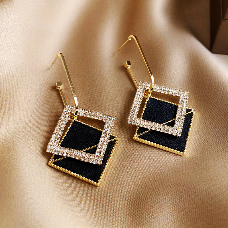 Moda de lux, culoare neagră, geometrică, cercei dublu pătrați, cercei pentru femei, cercei cu strasuri, bijuterii Pendientes Mujer