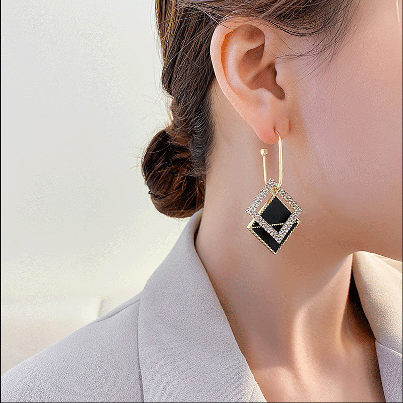 Moda de lux, culoare neagră, geometrică, cercei dublu pătrați, cercei pentru femei, cercei cu strasuri, bijuterii Pendientes Mujer