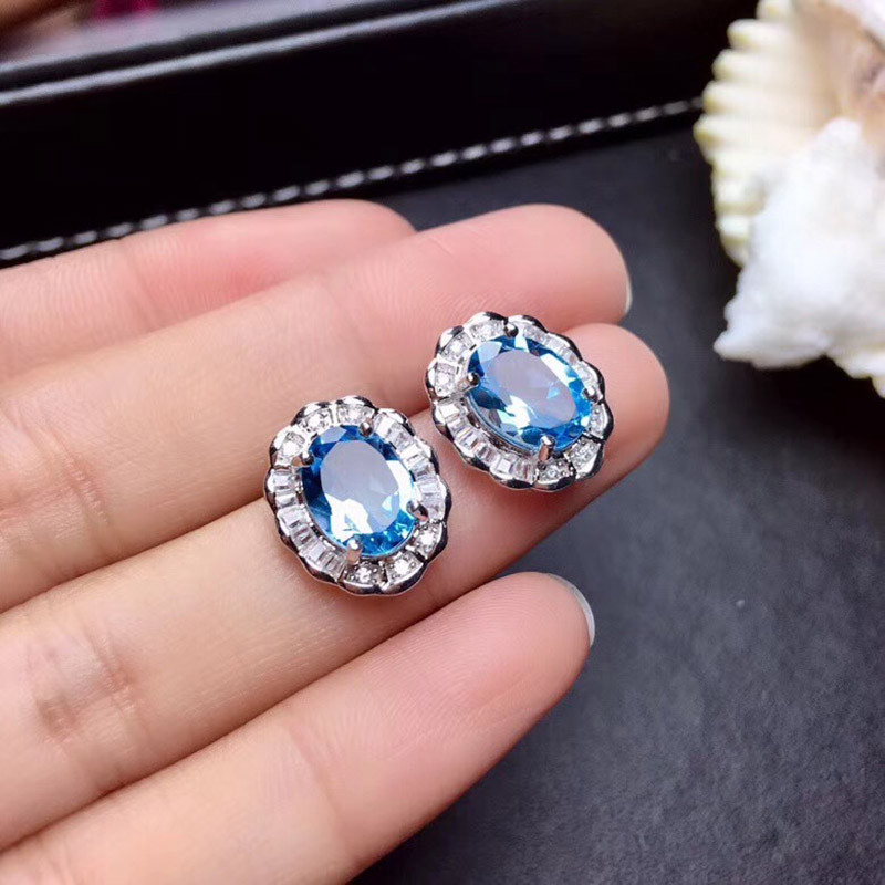 Seturi de bijuterii de mireasă de lux, culoare argintie, imitație de topaz albastru, piatră, coliere, cercei, inele pentru femei, bijuterii de nuntă