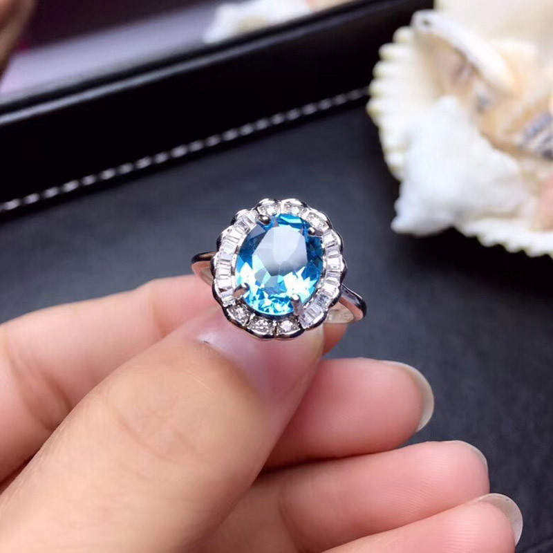Seturi de bijuterii de mireasă de lux, culoare argintie, imitație de topaz albastru, piatră, coliere, cercei, inele pentru femei, bijuterii de nuntă