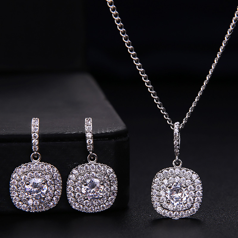 Seturi de colier de cercei de cristal cu zirconiu pătrat de culoare albă de lux pentru femei, la modă, set de bijuterii de nuntă de mireasă
