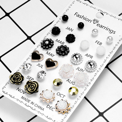 12 pár Small Planet Moon Star fülbevaló szett nőknek Egyszerű geometrikus virág strasszos fülbevaló Divatparti ékszer