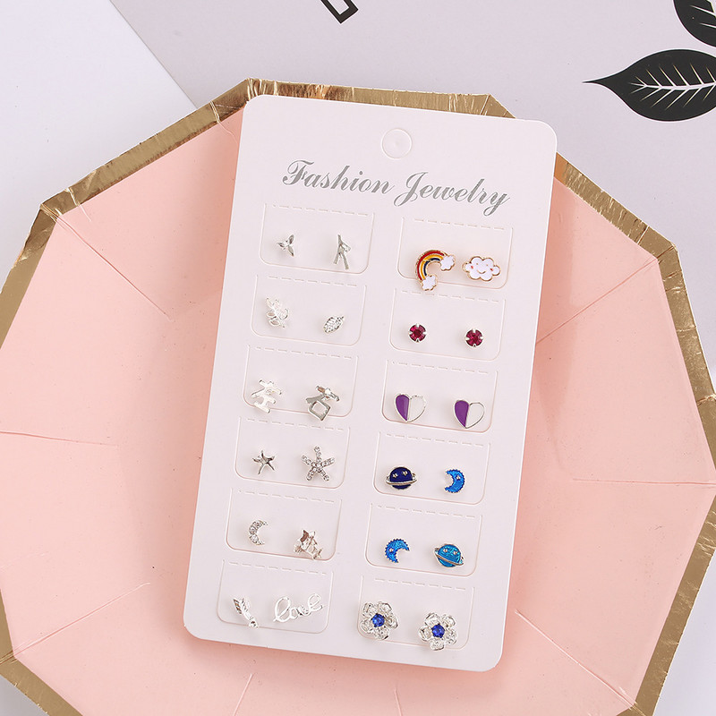 12 pár Small Planet Moon Star fülbevaló szett nőknek Egyszerű geometrikus virág strasszos fülbevaló Divatparti ékszer