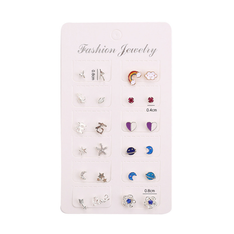 12 pár Small Planet Moon Star fülbevaló szett nőknek Egyszerű geometrikus virág strasszos fülbevaló Divatparti ékszer