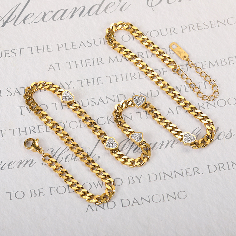 Set de colier clasic cu lanț cubanez din oțel inoxidabil cu zirconiu, cercei cu inimă, pentru femei, choker, aniversare, cuplu, bijuterii, cadouri de nuntă