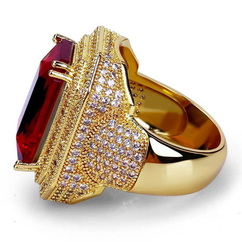 Горещ моден голям мъжки широк червен циркон с геометричен пръстен Луксозен жълт златен цвят Iced Out Брачни пръстени за мъже, жени, хип-хоп
