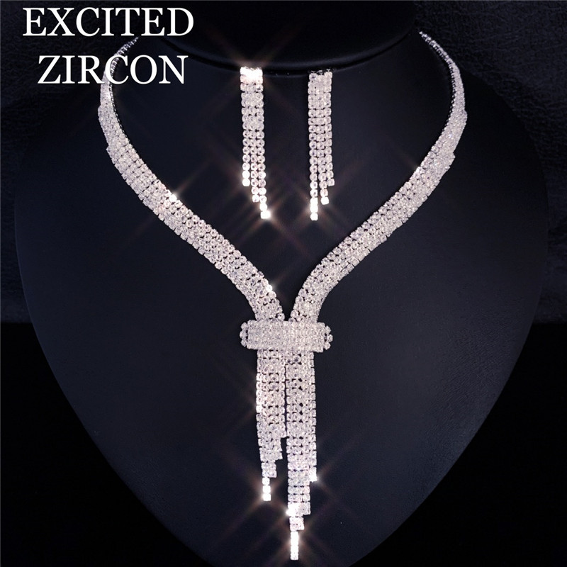 Luxus strasszos bojt hosszú medál teljes kristály nyaklánc fülbevaló szett Elegáns divat menyasszonyi esküvői ékszer születésnapi ajándék