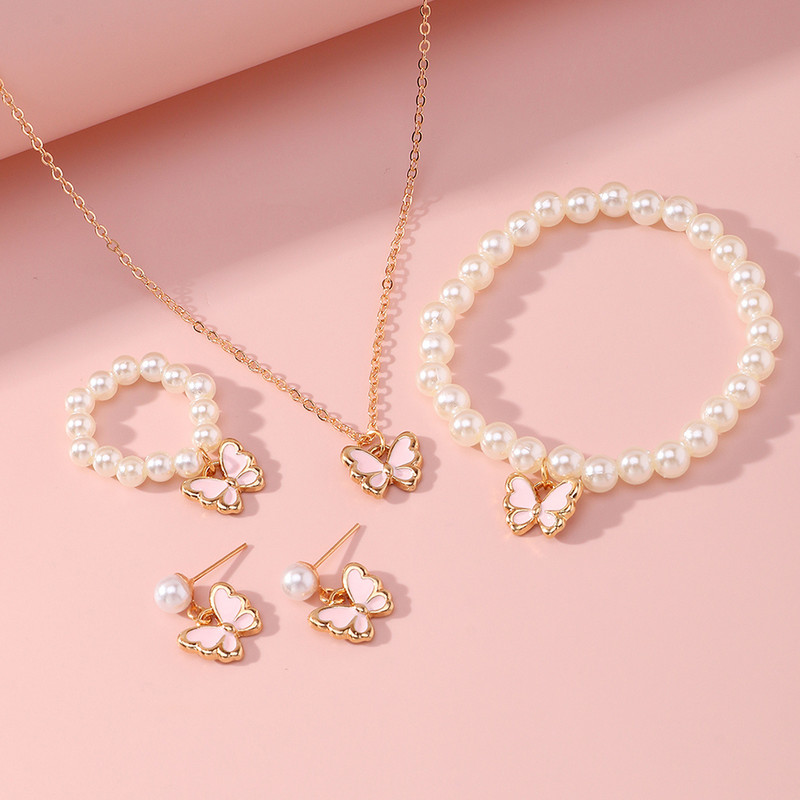 Y2K stil, slatke ružičaste naušnice s privjescima s leptirima, modni temperament, narukvica, ogrlica s imitacijom bisera, set za žene, djevojke, nakit