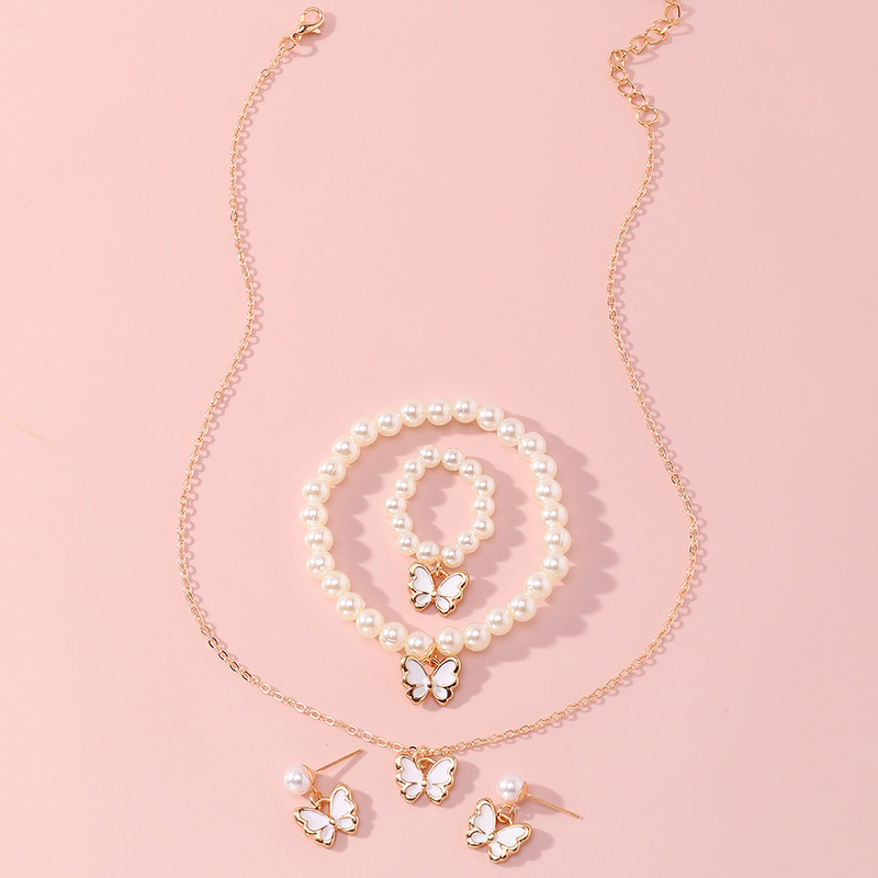 Y2K stil, slatke ružičaste naušnice s privjescima s leptirima, modni temperament, narukvica, ogrlica s imitacijom bisera, set za žene, djevojke, nakit