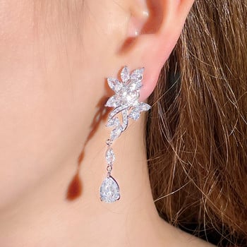 CWWZircons No Ear Hole Style Cubic Zircon Flower Drop Γυναικείο Νυφικό πάρτι Μακρύ κλιπ σε σκουλαρίκια χωρίς τρύπημα CZ274