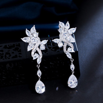 CWWZircons No Ear Hole Style Cubic Zircon Flower Drop Γυναικείο Νυφικό πάρτι Μακρύ κλιπ σε σκουλαρίκια χωρίς τρύπημα CZ274