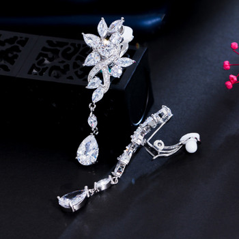 CWWZircons No Ear Hole Style Cubic Zircon Flower Drop Γυναικείο Νυφικό πάρτι Μακρύ κλιπ σε σκουλαρίκια χωρίς τρύπημα CZ274