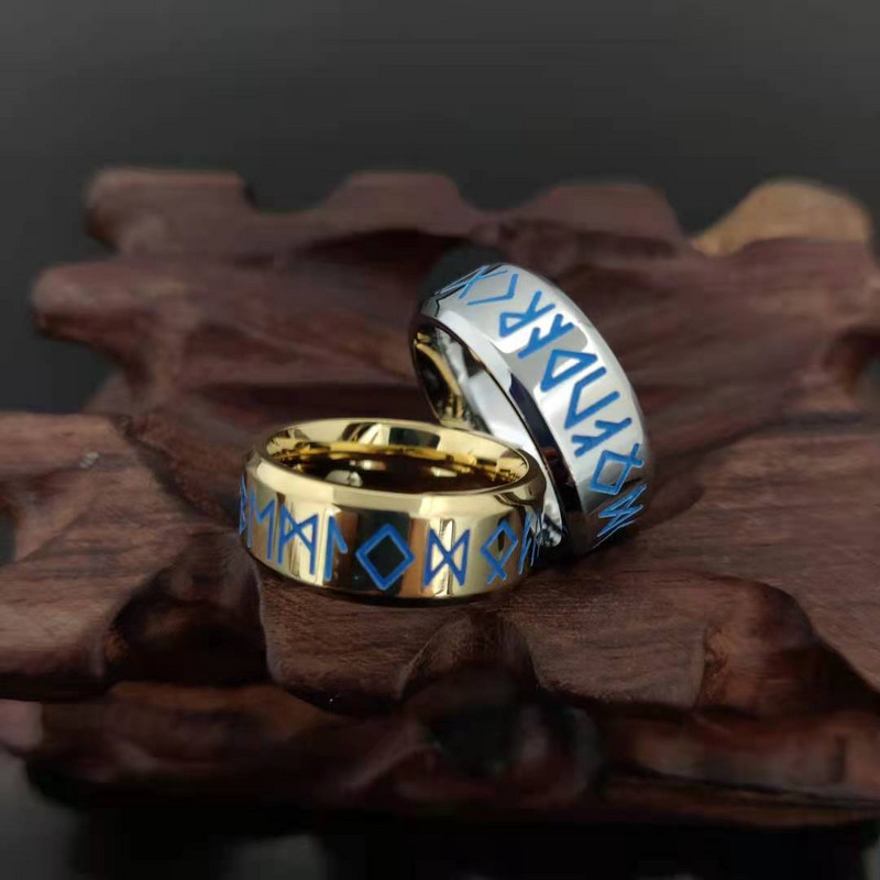 Fekete Viking Runes Rozsdamentes Acél Gyűrűk Férfi 8mm Esküvői Szalag forgatható világító Gyűrűk Ékszer Ajándék