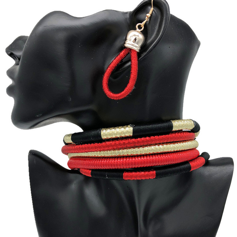 Set de cercei choker tribali cu mai multe straturi, țesătură de frânghie colorată, coliere africane țesute, colier cu fermoar cu cuplu.