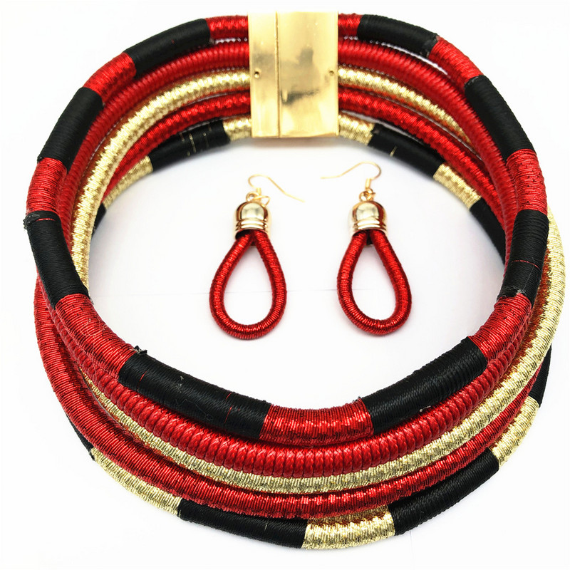 Set de cercei choker tribali cu mai multe straturi, țesătură de frânghie colorată, coliere africane țesute, colier cu fermoar cu cuplu.