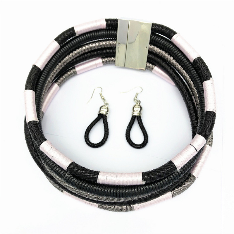Set de cercei choker tribali cu mai multe straturi, țesătură de frânghie colorată, coliere africane țesute, colier cu fermoar cu cuplu.