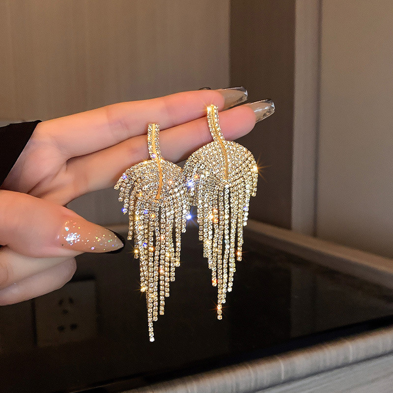 FYUAN Cercei cu picătură cu stras cu ciucuri lungi Cercei cu frunze de aur pentru femei Accesorii de bijuterii de modă