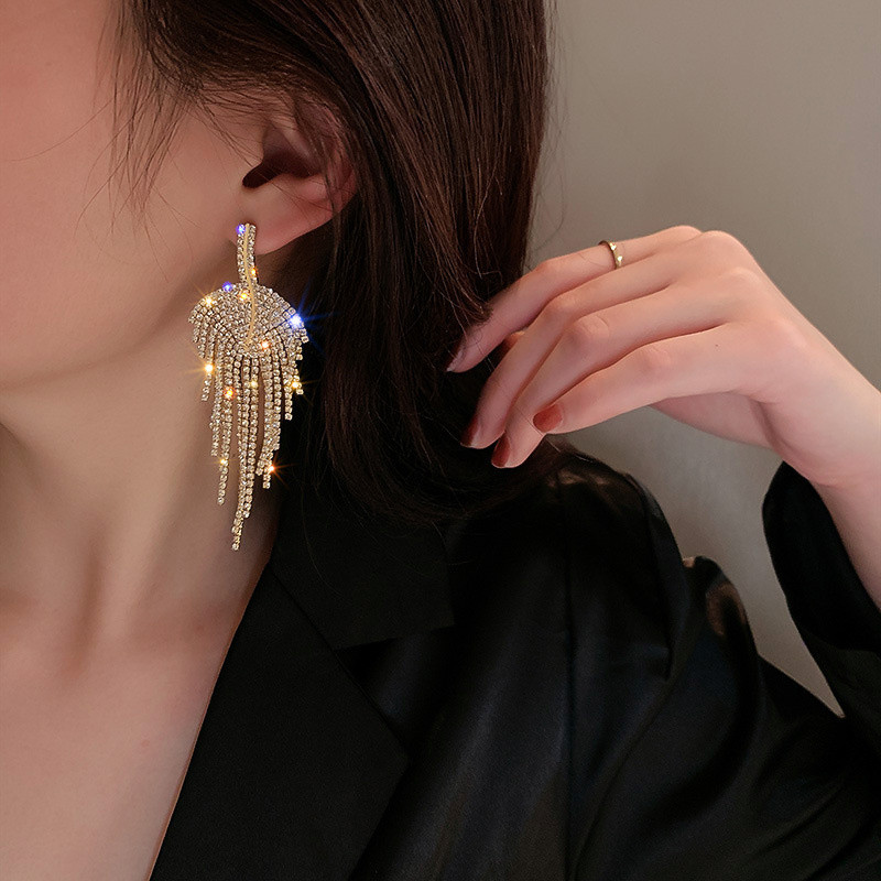 FYUAN Cercei cu picătură cu stras cu ciucuri lungi Cercei cu frunze de aur pentru femei Accesorii de bijuterii de modă