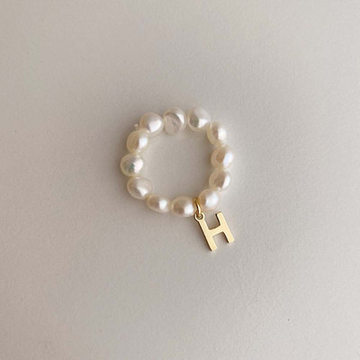 Inel elegant, simplu, perle, inel pentru deget pentru femeie, pandantiv cu scrisoare, cerc continuu, mărgele de perle, bijuterii de modă minimaliste, inel cadou