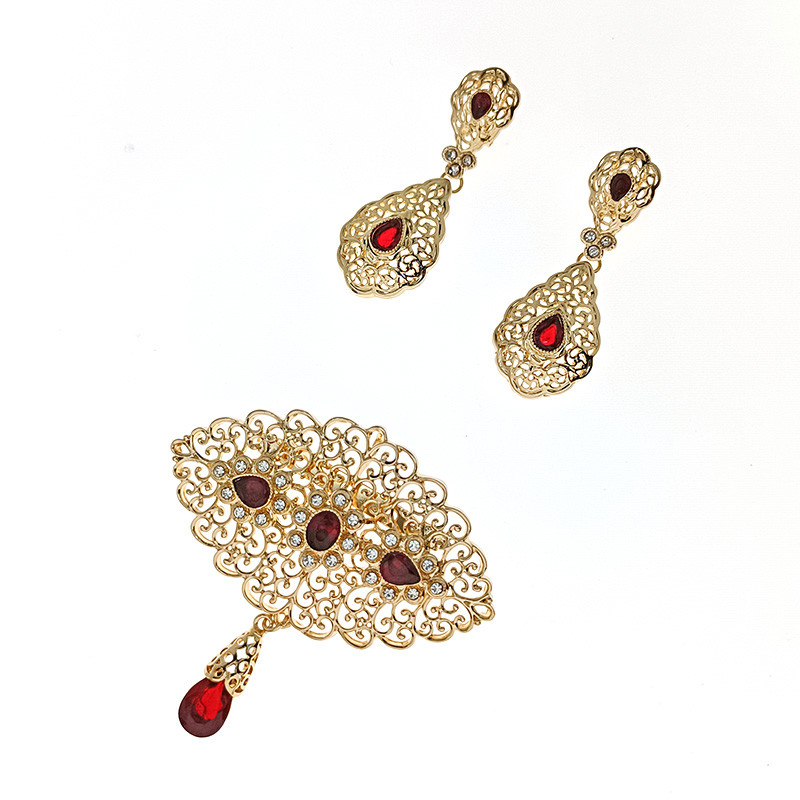 Marokkói esküvői ékszer szett arab köntöstű színes kristály bross hold alakú medál fülbevaló menyasszonyi ajándék