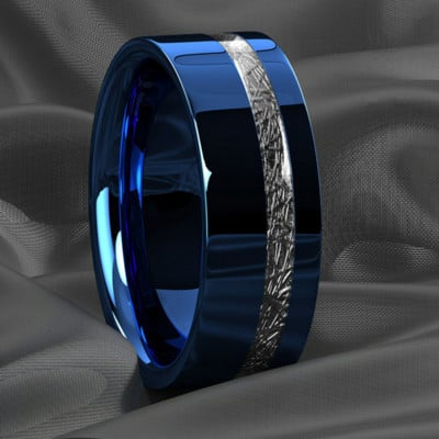 New Vintage 8mm albastru lustruit inel din oțel inoxidabil Center Groove Inlay Meteorit Unisex Trupa de nuntă Bărbați Bijuterii Cadouri anillos