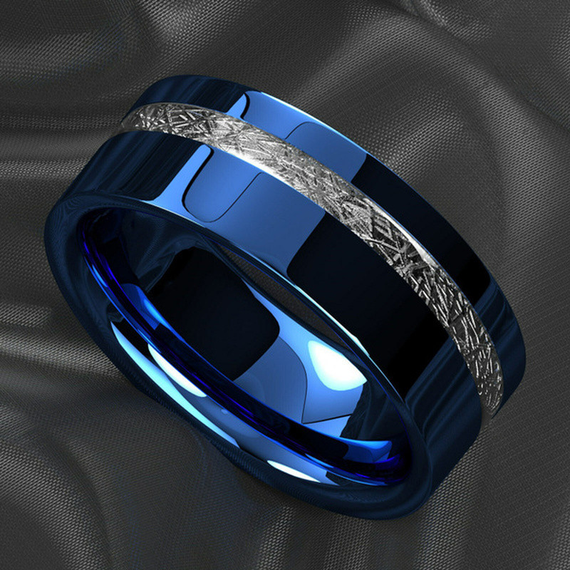 New Vintage 8mm albastru lustruit inel din oțel inoxidabil Center Groove Inlay Meteorit Unisex Trupa de nuntă Bărbați Bijuterii Cadouri anillos