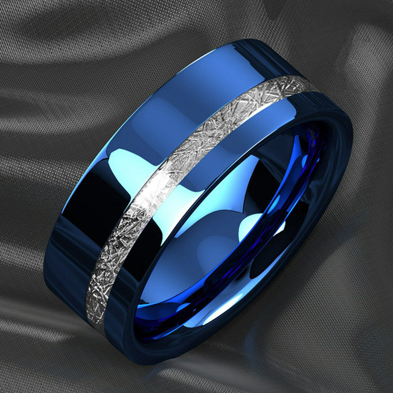 New Vintage 8mm albastru lustruit inel din oțel inoxidabil Center Groove Inlay Meteorit Unisex Trupa de nuntă Bărbați Bijuterii Cadouri anillos