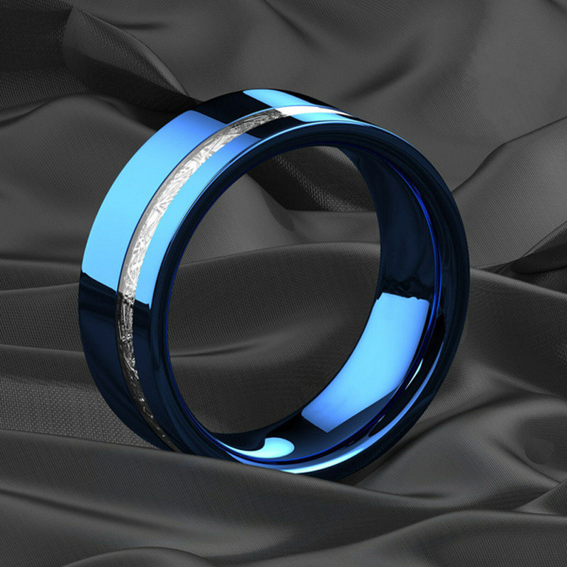 New Vintage 8mm albastru lustruit inel din oțel inoxidabil Center Groove Inlay Meteorit Unisex Trupa de nuntă Bărbați Bijuterii Cadouri anillos