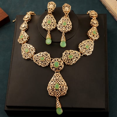 Új vízcsepp nyaklánc fülbevaló szett nőknek Marokkó esküvői nyaklánc zöld strasszos aranyozott menyasszonyi ékszer szettek bizsuk