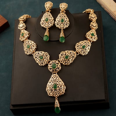 Új vízcsepp nyaklánc fülbevaló szett nőknek Marokkó esküvői nyaklánc zöld strasszos aranyozott menyasszonyi ékszer szettek bizsuk
