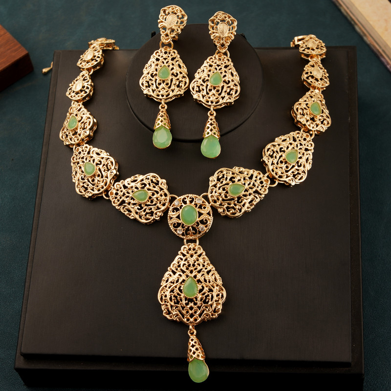 Új vízcsepp nyaklánc fülbevaló szett nőknek Marokkó esküvői nyaklánc zöld strasszos aranyozott menyasszonyi ékszer szettek bizsuk