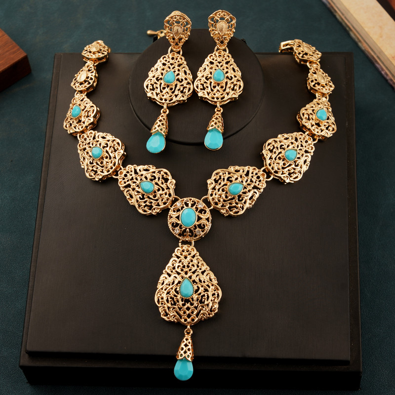 Új vízcsepp nyaklánc fülbevaló szett nőknek Marokkó esküvői nyaklánc zöld strasszos aranyozott menyasszonyi ékszer szettek bizsuk