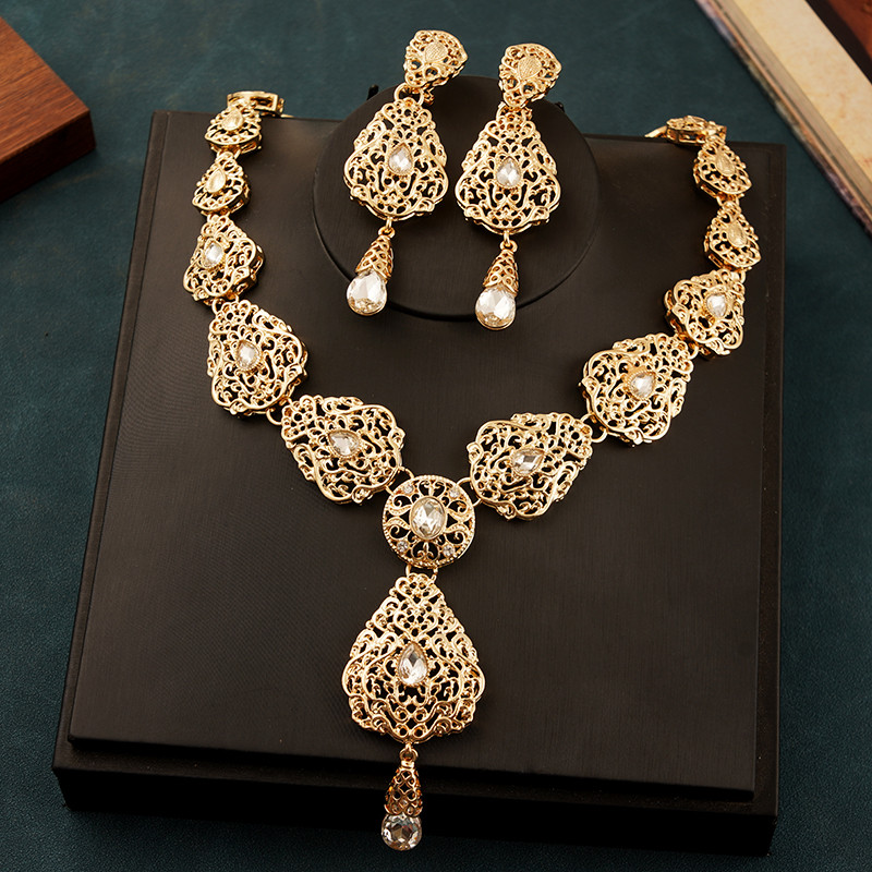 Új vízcsepp nyaklánc fülbevaló szett nőknek Marokkó esküvői nyaklánc zöld strasszos aranyozott menyasszonyi ékszer szettek bizsuk