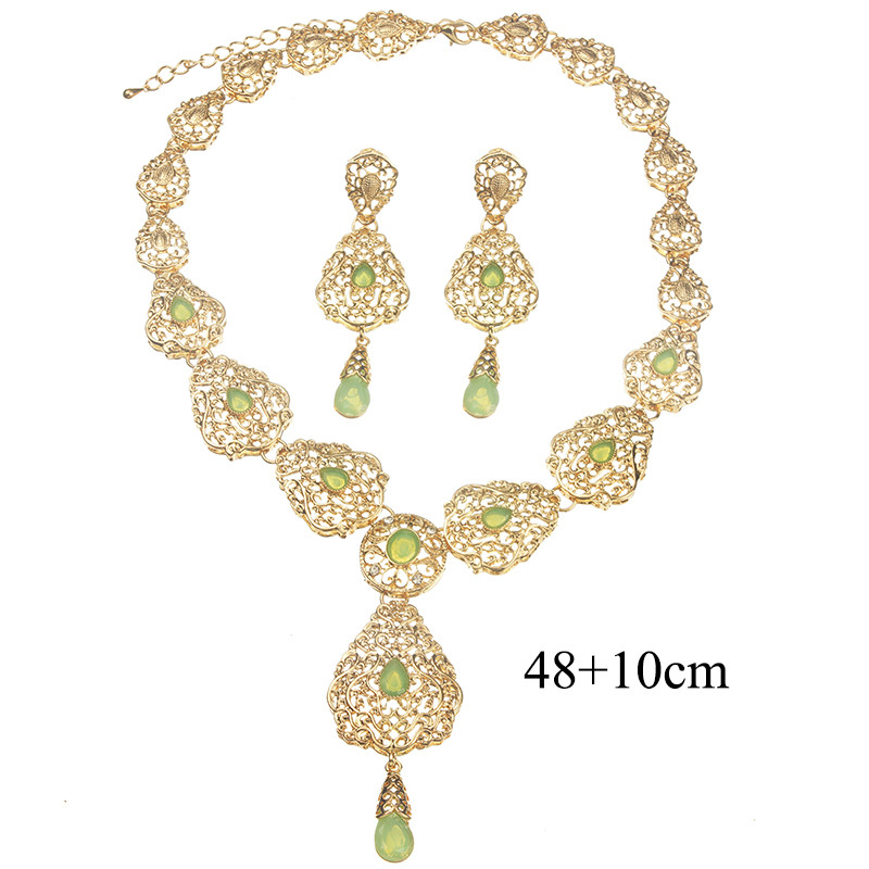 Új vízcsepp nyaklánc fülbevaló szett nőknek Marokkó esküvői nyaklánc zöld strasszos aranyozott menyasszonyi ékszer szettek bizsuk