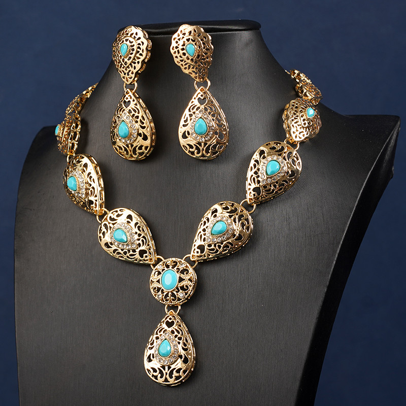 Új vízcsepp nyaklánc fülbevaló szett nőknek Marokkó esküvői nyaklánc zöld strasszos aranyozott menyasszonyi ékszer szettek bizsuk