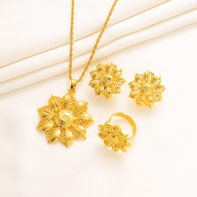 Seturi de bijuterii africane placate cu aur pentru femei Dubai Mireasă Cadouri de nuntă Colier rotund Cercei Set de inele Bijuterii