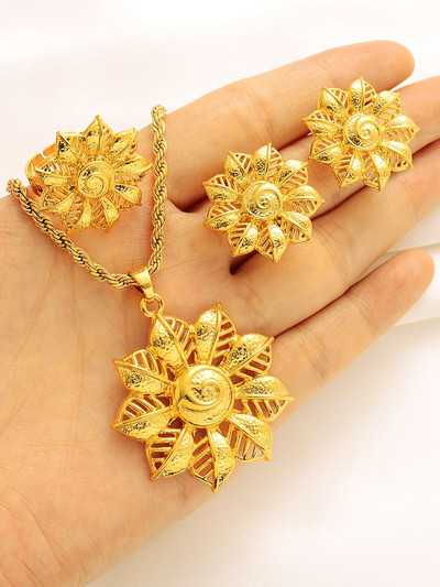 Seturi de bijuterii africane placate cu aur pentru femei Dubai Mireasă Cadouri de nuntă Colier rotund Cercei Set de inele Bijuterii